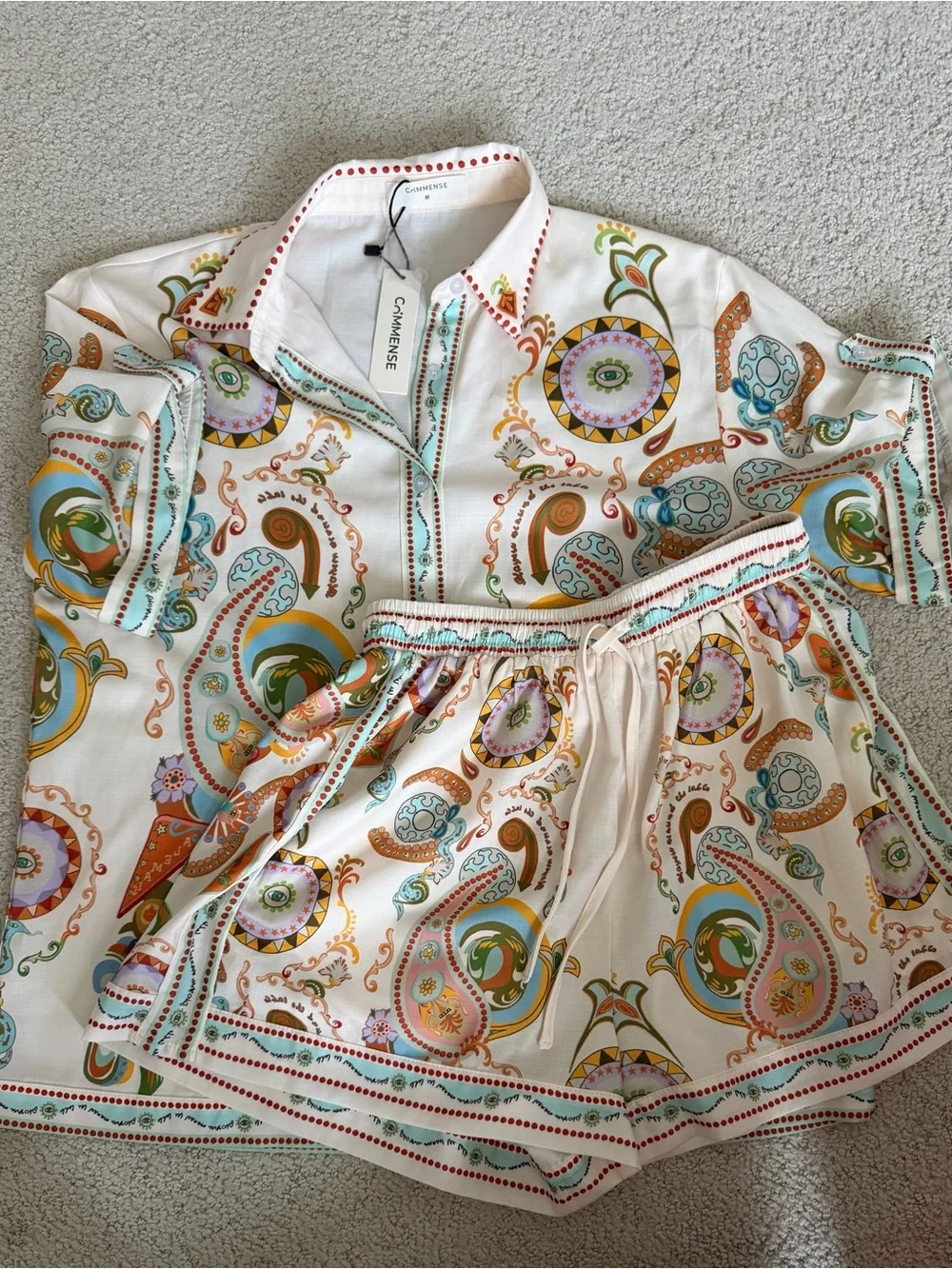 Commense Cream Paisley Polo Print Short Set